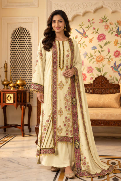 Cream Crepe Silk Printed And Handwork Suit