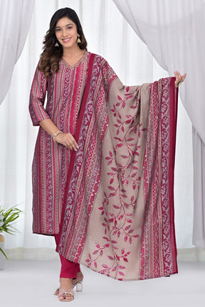 Onion Pink Color Muslin Printed & Neck Embroidered Suit