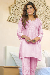 Pink Cotton Resham Embroidered Kurti
