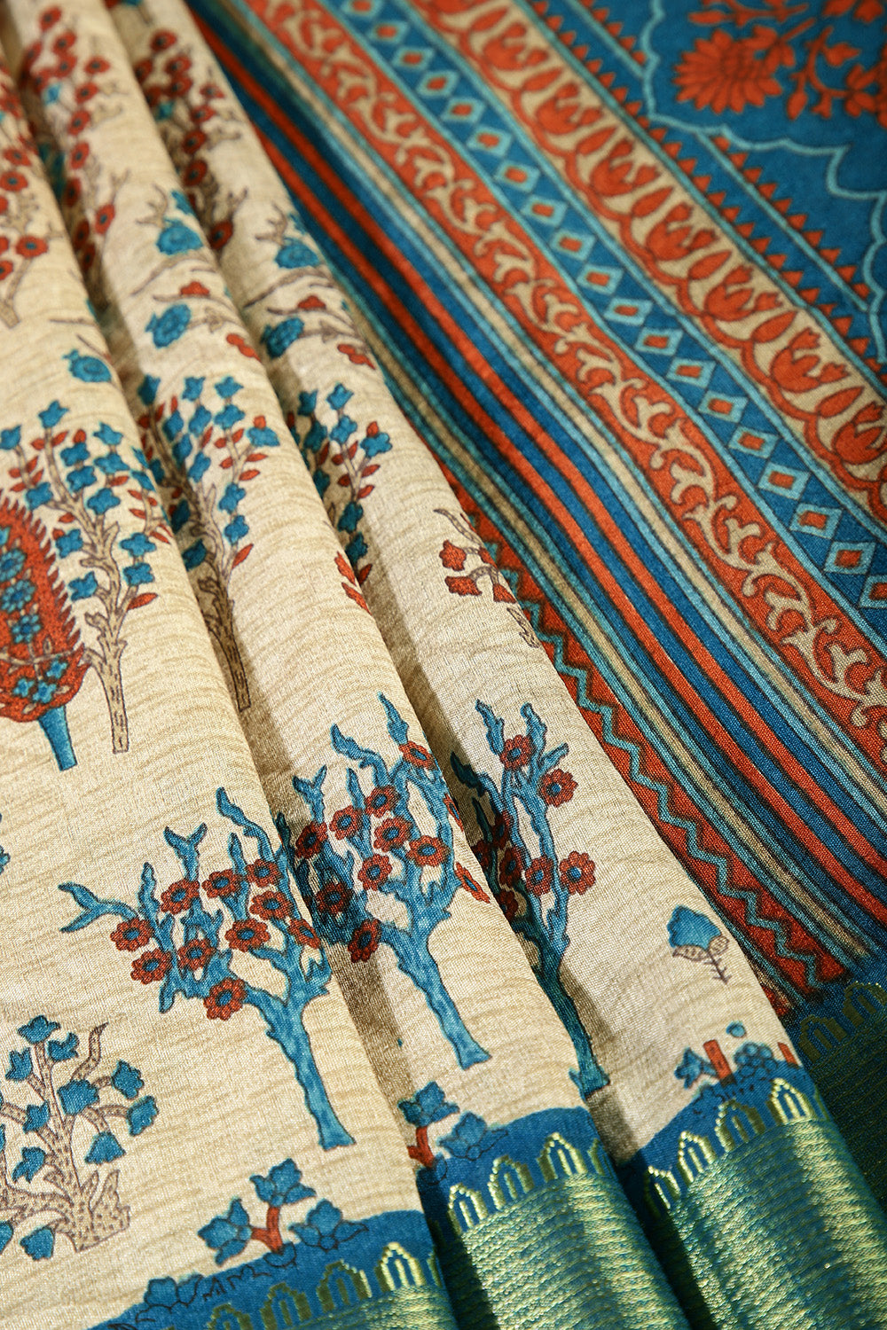 Beige & Blue Color Tree-Like Structures Printed Tussar Silk Saree