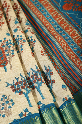 Beige & Blue Color Tree-Like Structures Printed Tussar Silk Saree