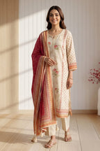 Cream Chanderi Cotton Floral Printed Suit