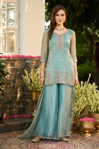 Turquoise Metallic Tissue Embroidered Suit With Palazzo