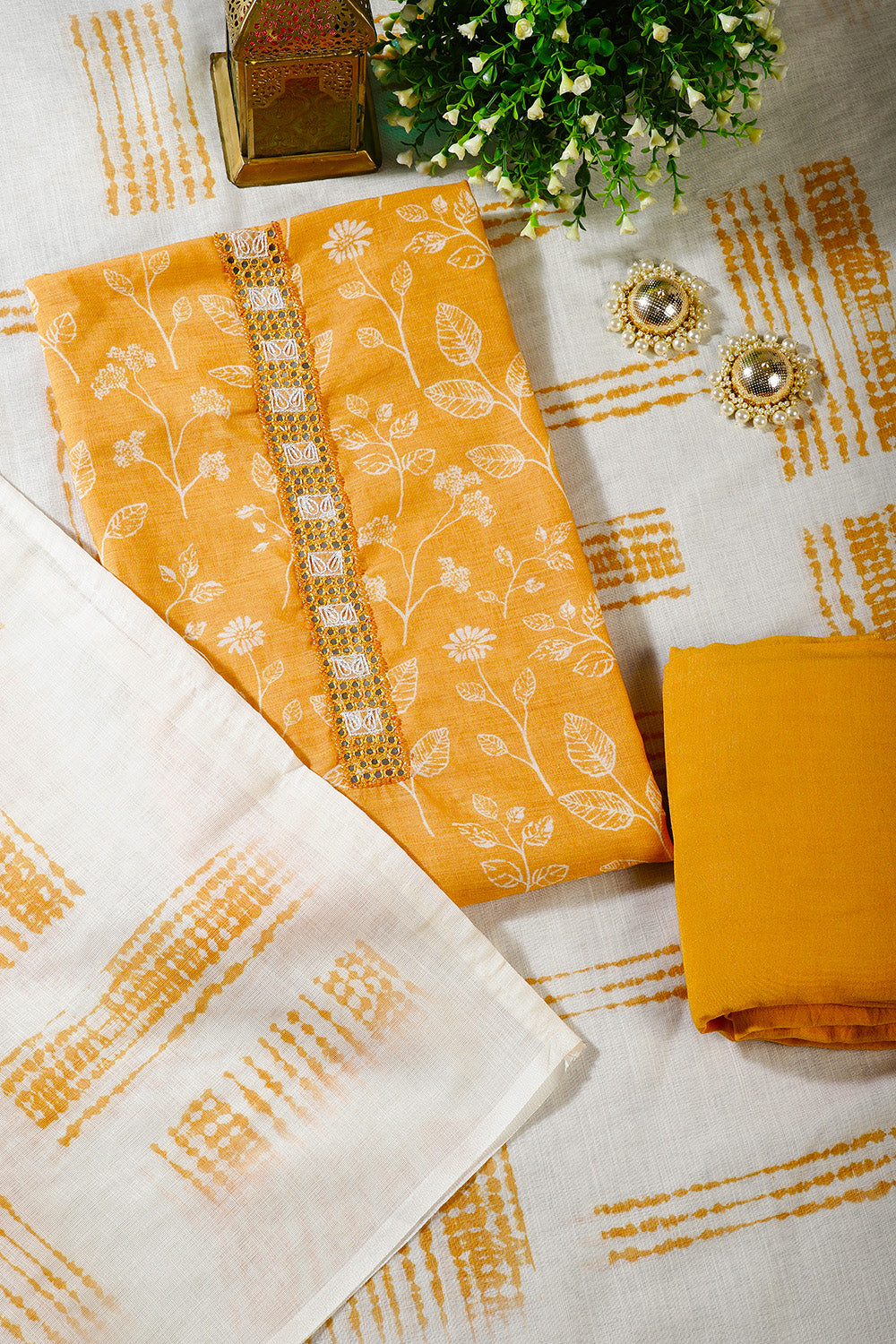 Pale Mustard Color Linen Cotton Floral Printed And Neck-Embroidered Unstitched Suit