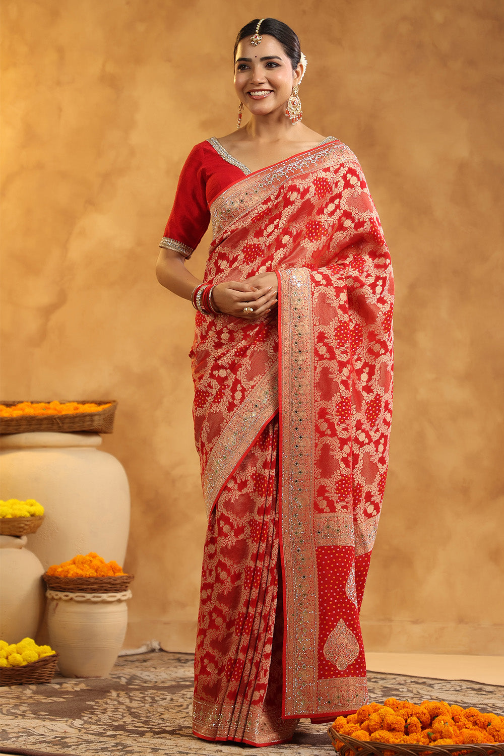 Red Color Khhadi Georgette Woven Saree