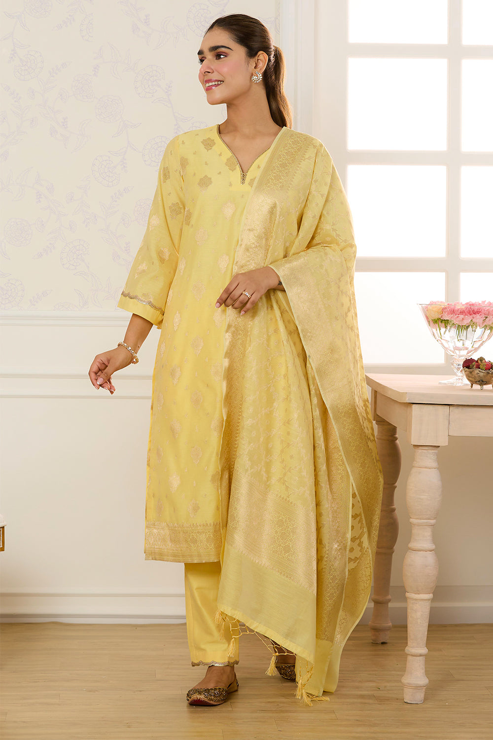 Yellow Chanderi Cotton Zari Woven Unstitched Suit Material