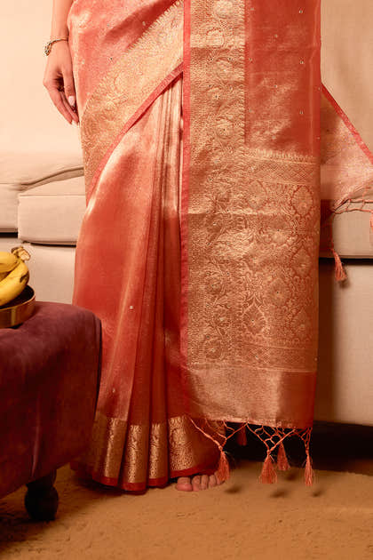 Rust Tissue Mirror Work Saree