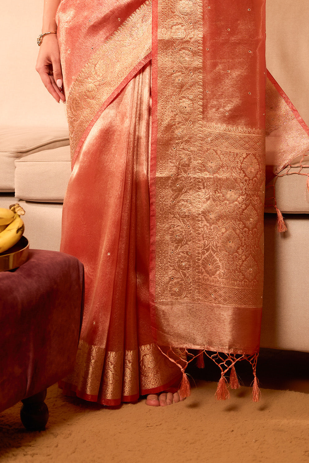 Rust Tissue Mirror Work Saree