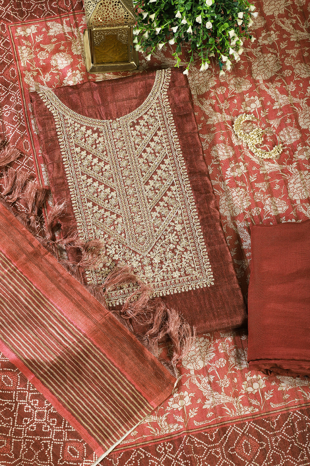 Maroon Tussar Silk Neck Zari Embroidered Unstitched Suit