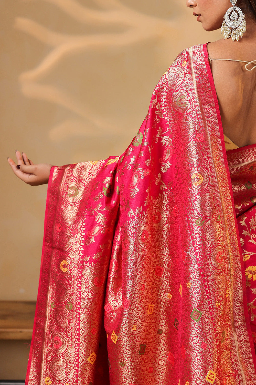Cherry Red Colour Silk Zari & Resham Woven Saree