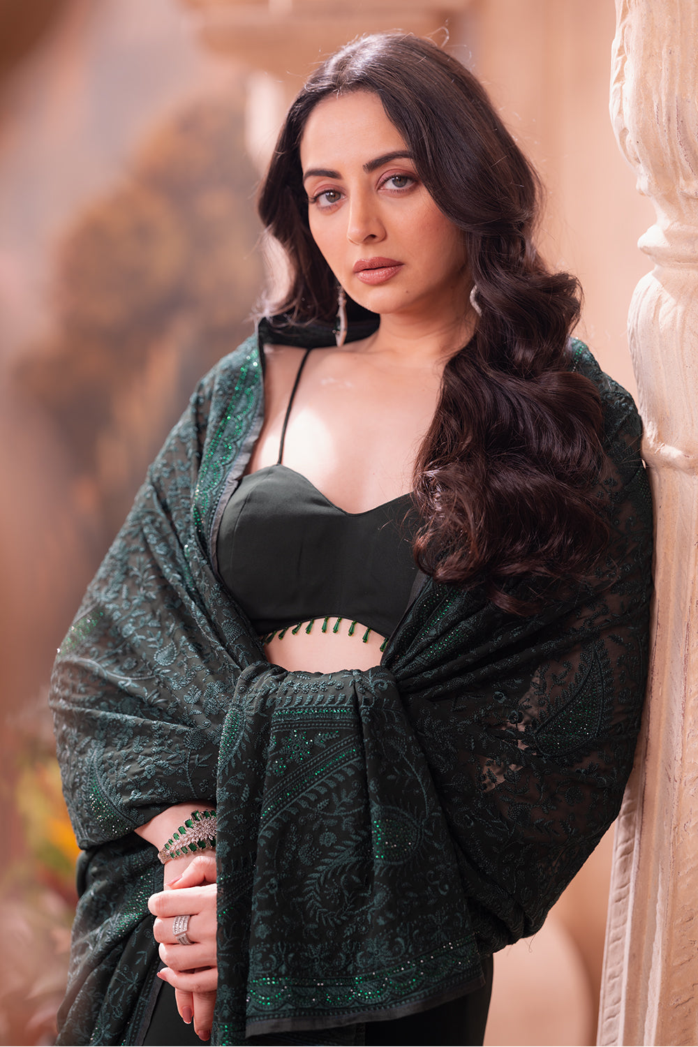 Green Georgette Resham And Swaroski Embroidered Saree