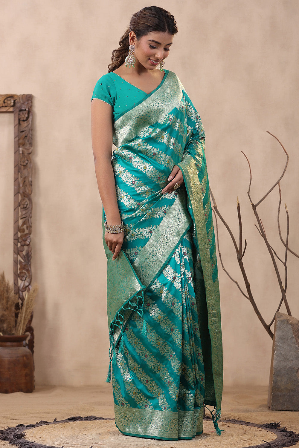 Teal Color Zari Woven Silk Saree