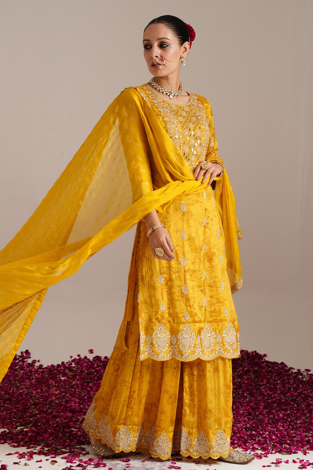 Mustard Color Silk Zari & Mirror Embroidered Suit With Palazzo