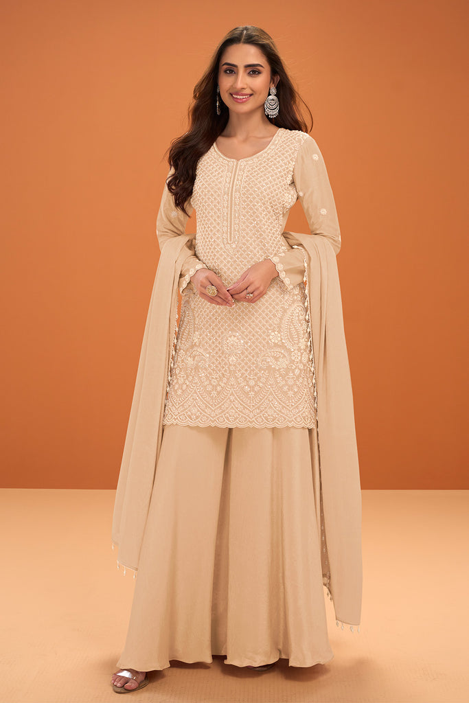 Cream Crepe Silk Cut-Dana And Resham Embroidered Suit With Palazzo