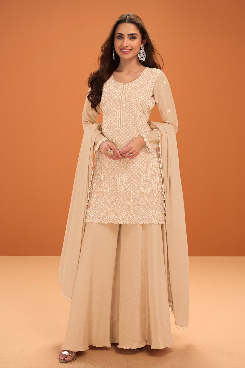 Cream Crepe Silk Cut-Dana And Resham Embroidered Suit With Palazzo