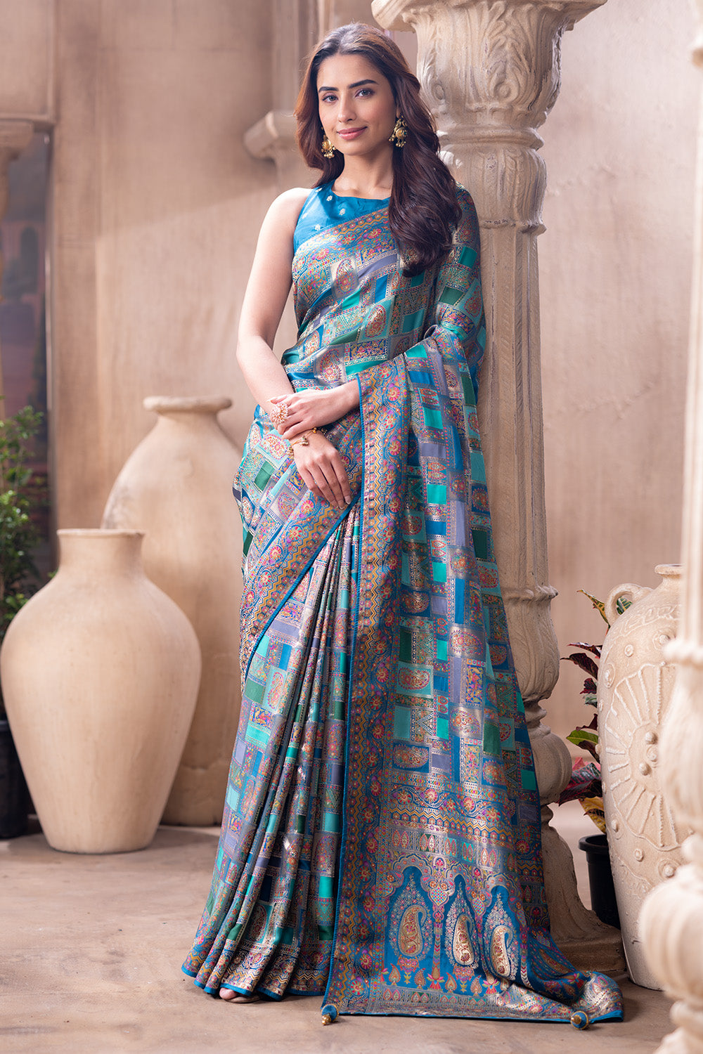 Teal Blue Position Print Woven Silk Saree
