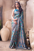 Teal Blue Position Print Woven Silk Saree