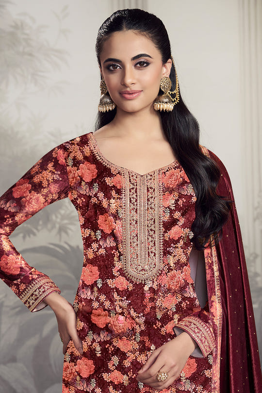 Maroon Velvet Floral Printed And Embroidered Unstitched Suit Fabric