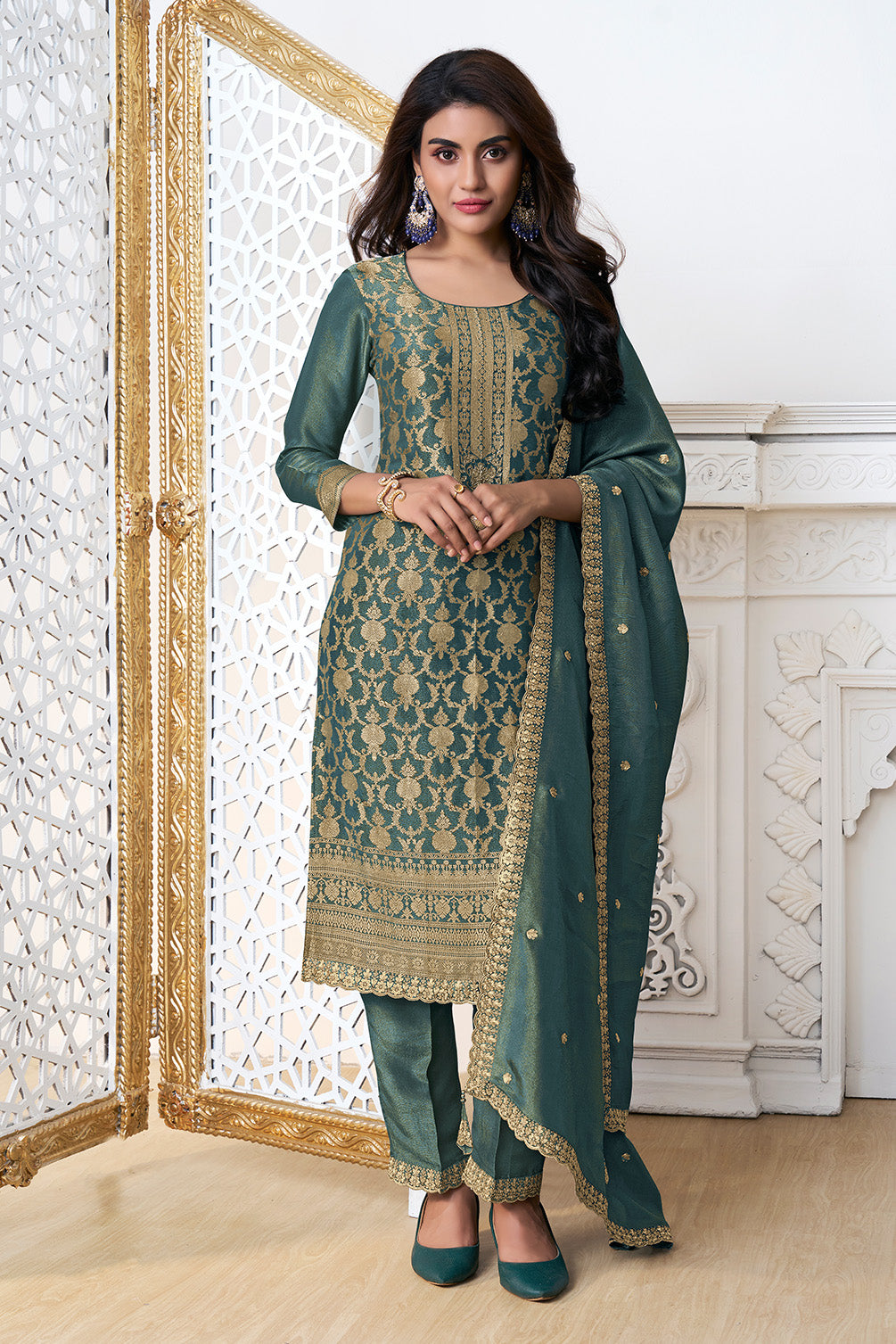 Teal Zari Floral Woven Silk Suit Set