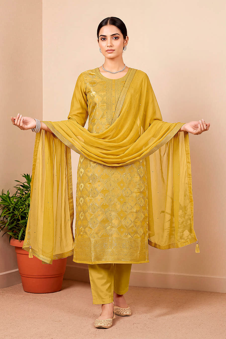 Mustard Silk Woven Unstitched Suit Fabric