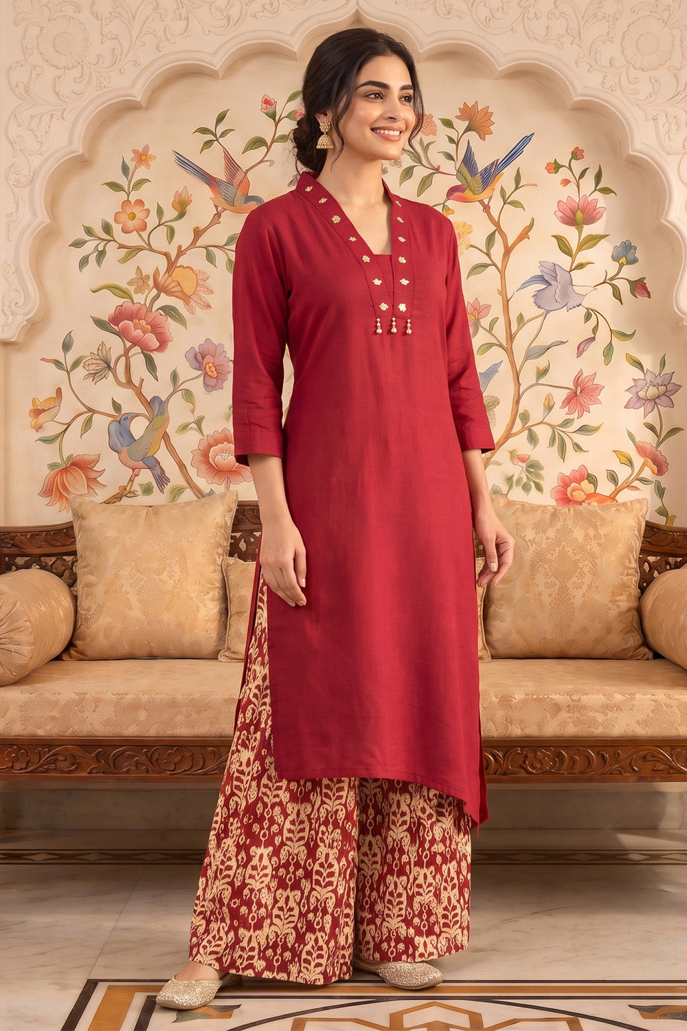 Maroon Rayon Cotton Kurta With Printed Palazzo