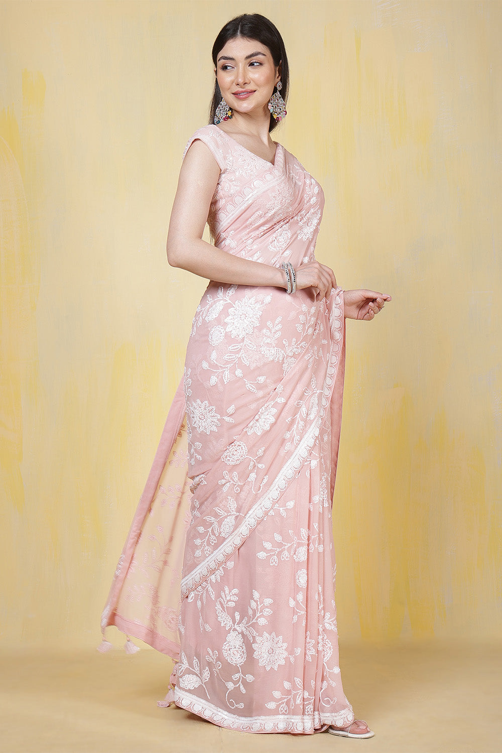 Dusty Pink Georgette Sequins Embroidered Saree
