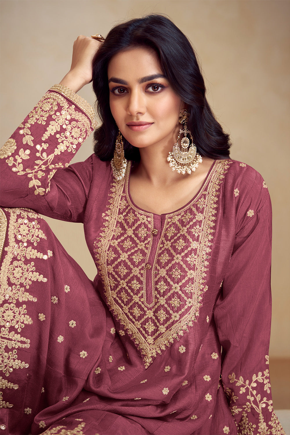 Crepe Embroidered Anarkali Suit With Embroidered Sharara