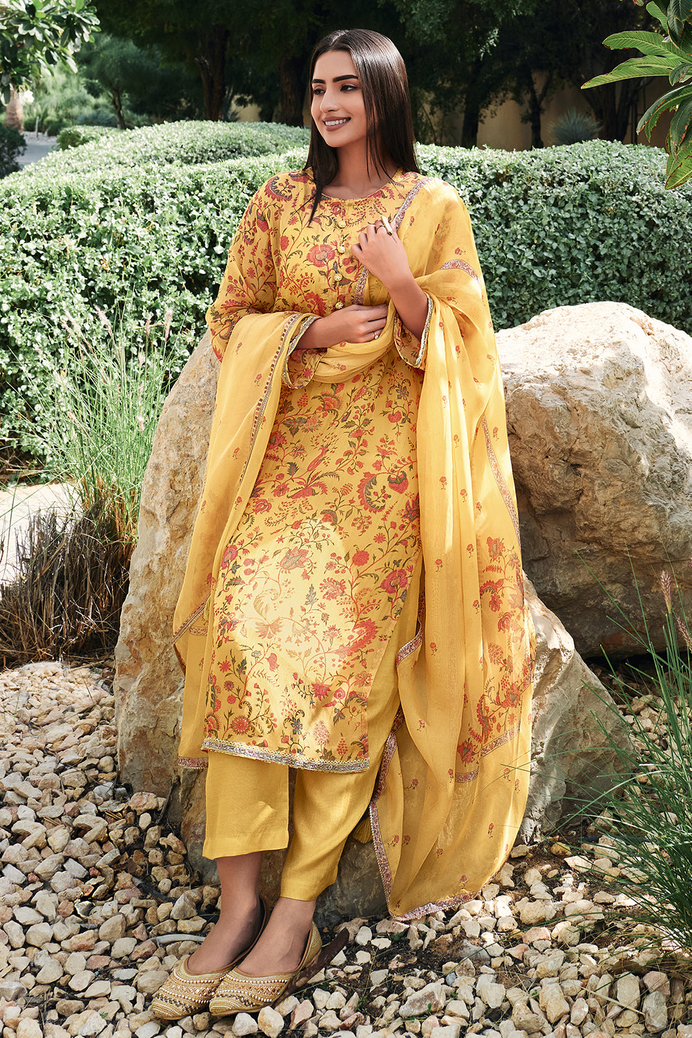 Mustard Color Floral Printed Unstitched Suit Material