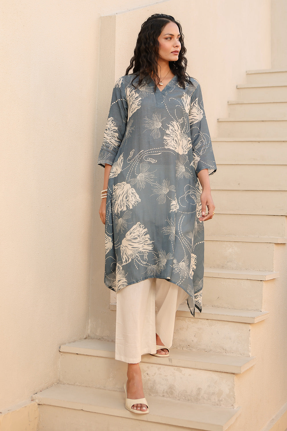 Grey Color Chanderi Printed Kurta Set