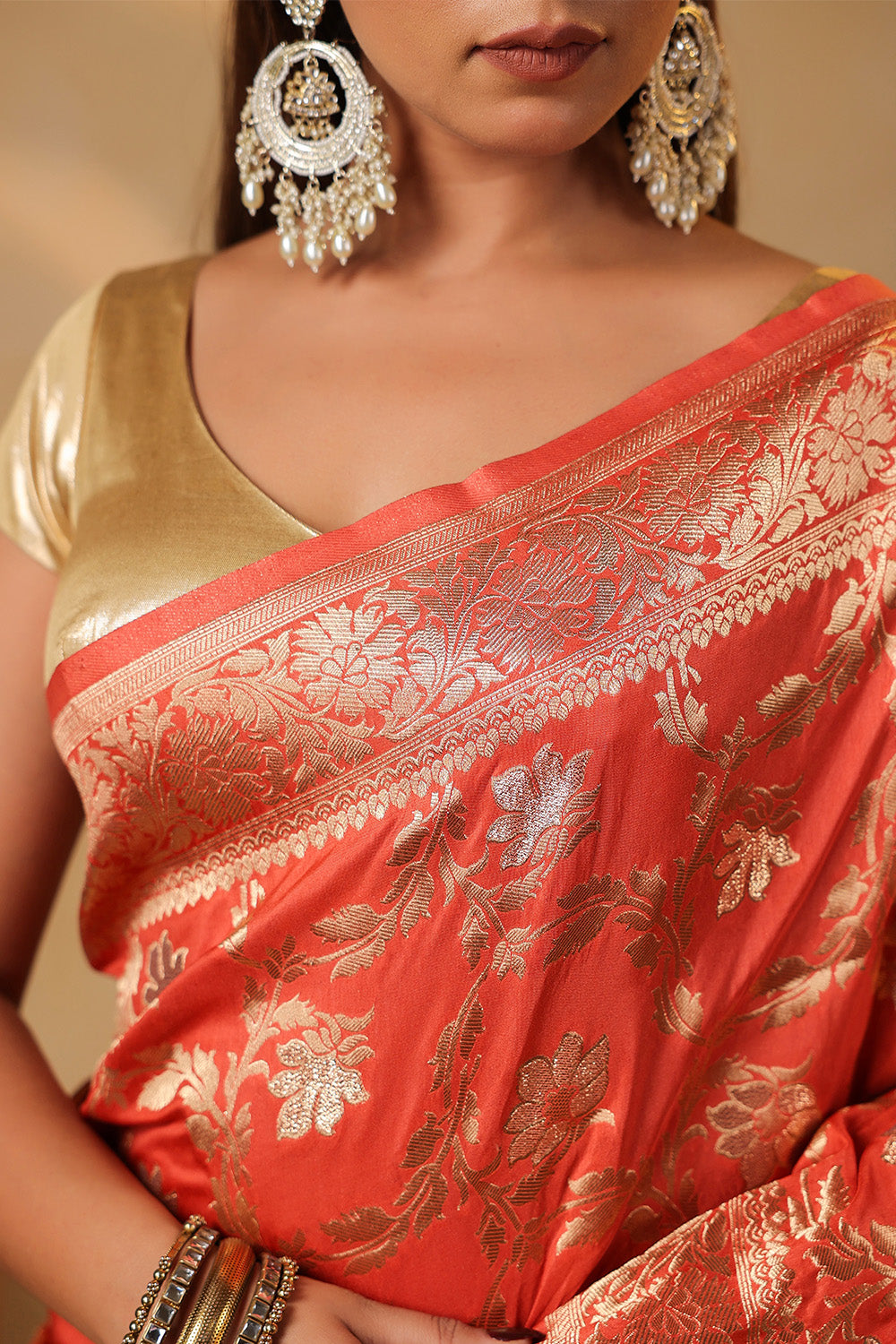 Dark Peach Zari Floral Woven Silk Saree