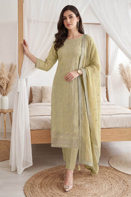 Pista Green Georgette Resham Embroidered And Swaroski Work Unstitched Suit Material