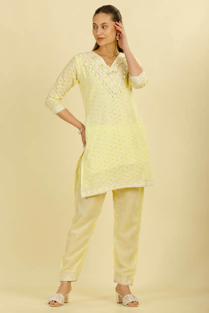 Pale Yellow Cotton Hacoba Style Neck-Embroidered Kurta Set