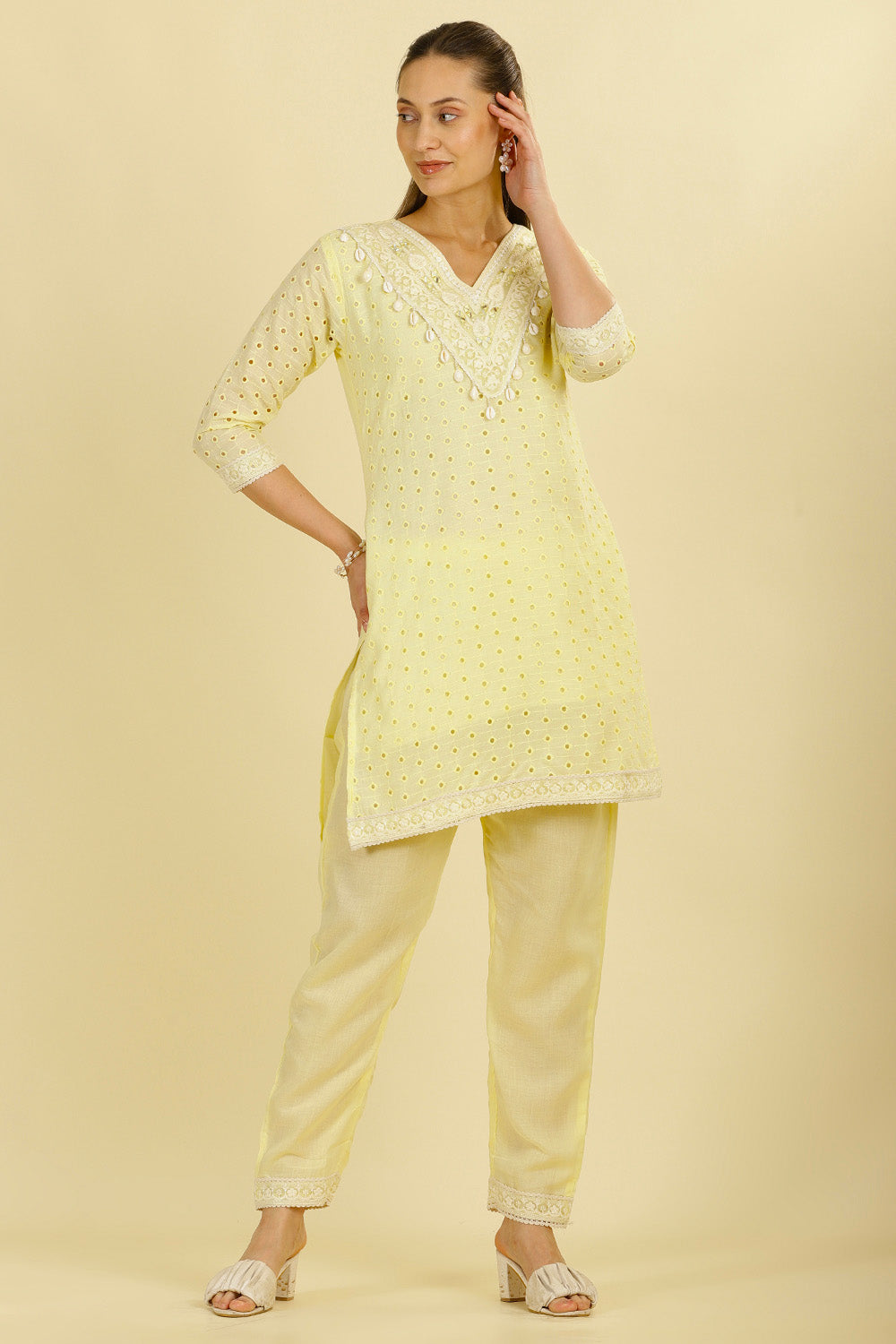 Pale Yellow Cotton Hacoba Style Neck-Embroidered Kurta Set