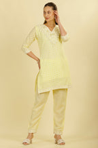 Pale Yellow Cotton Hacoba Style Neck-Embroidered Kurta Set