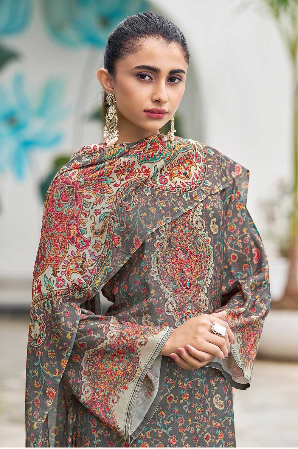 Grey Muslin Floral Printed Unstitched Suit Material