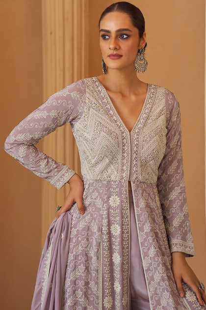 Light Mauve Georgette Resham Embroidered Frount Slit Floor Lenght Suit With Palazzo