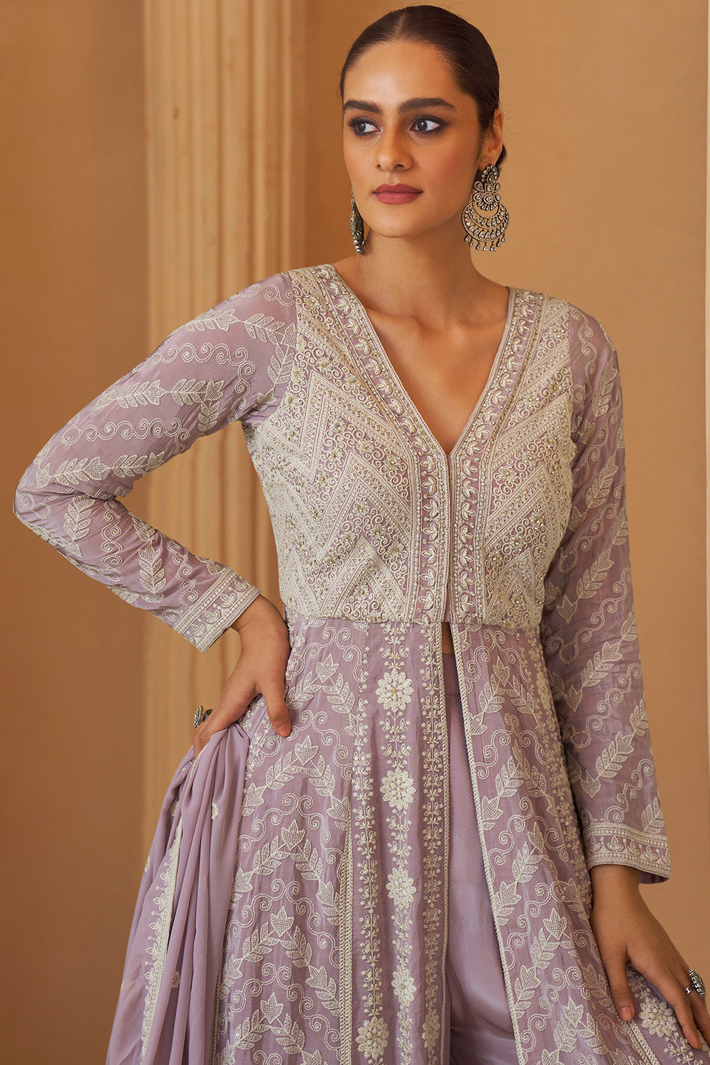Light Mauve Georgette Resham Embroidered Frount Slit Floor Lenght Suit With Palazzo