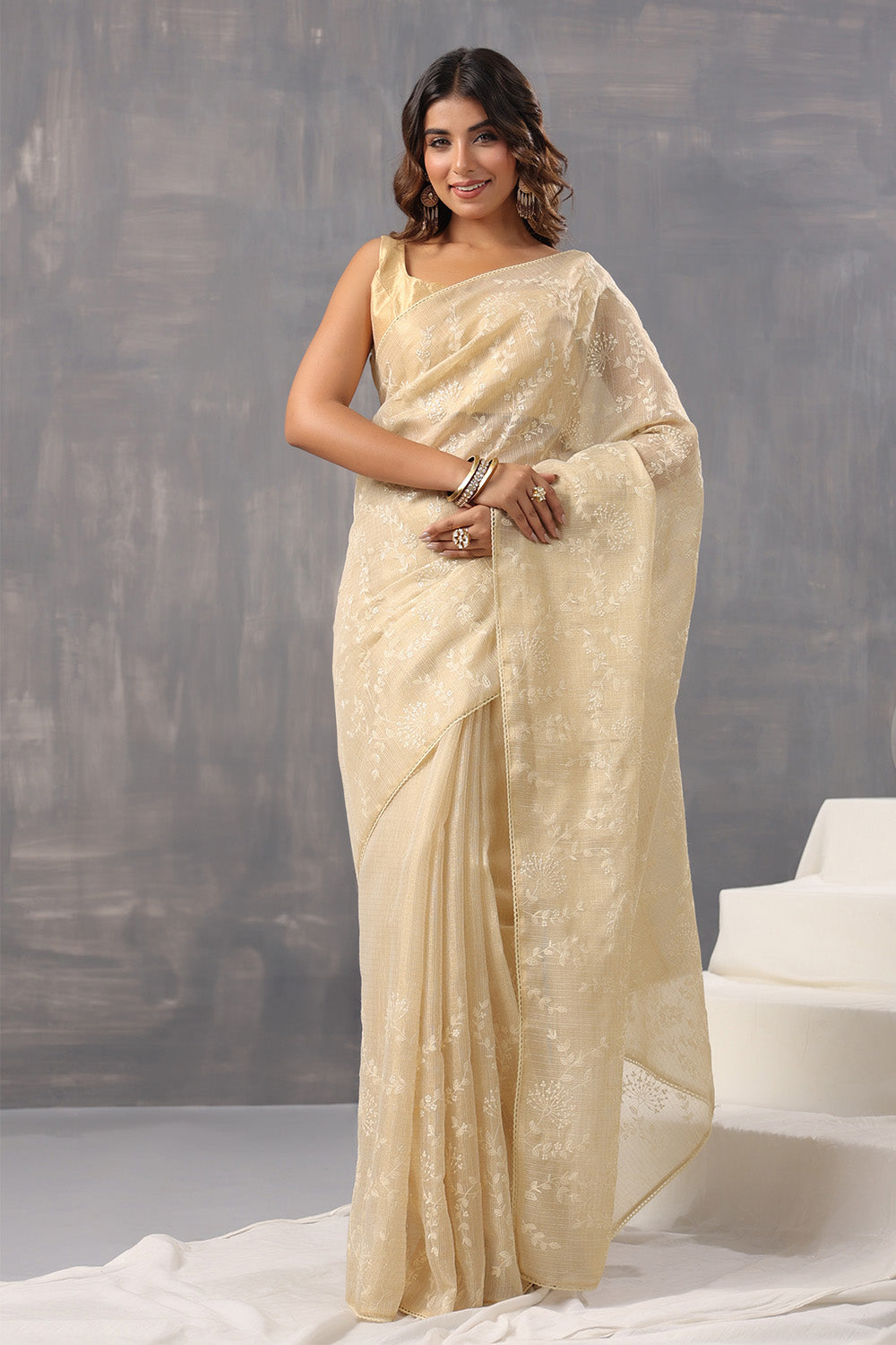 Beige Color Cotton Silk Thread Embroidered Saree