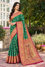 Teal Green Silk Printed And Woven Border Saree