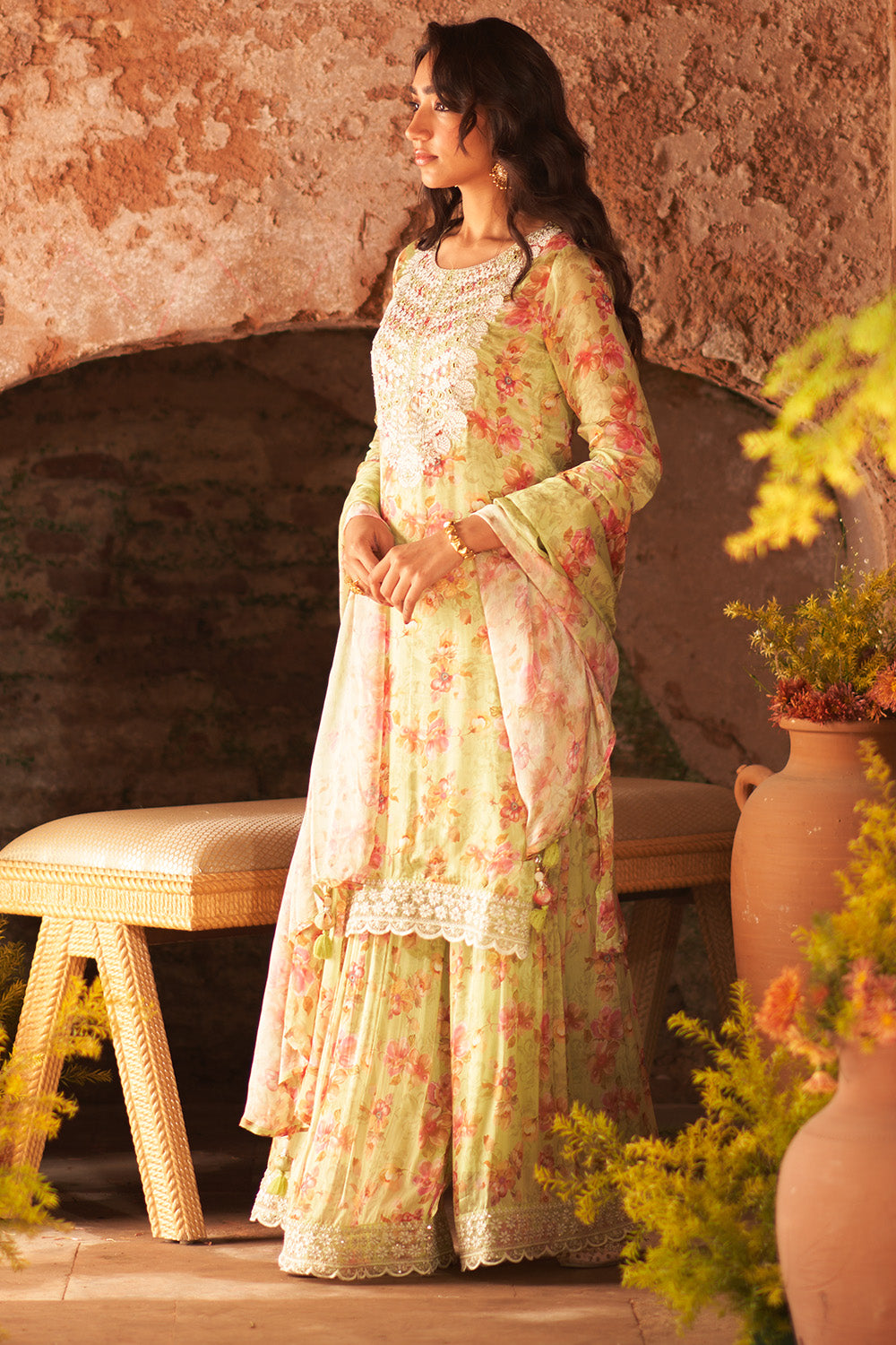 Parrot Green Color Crepe Silk Embroidered &amp; Floral Printed Suit with Gharara