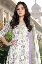 Cream & Purple Cotton Floral Printed Floor Lenght Anarkali Suit