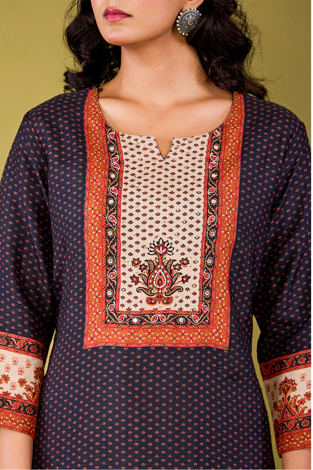 Black Crepe Silk Printed Straight Suit