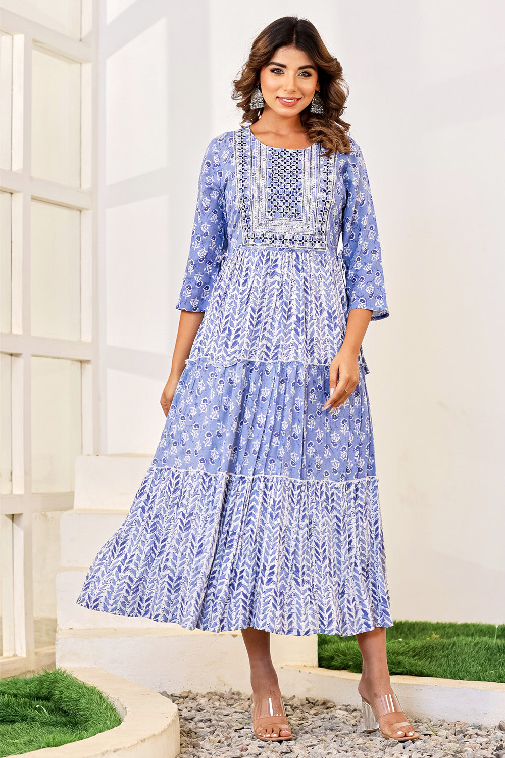 Blue Color Cotton Printed Peonies Dress