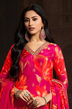 Rani Color Silk Floral Printed & Zari Woven Suit Set