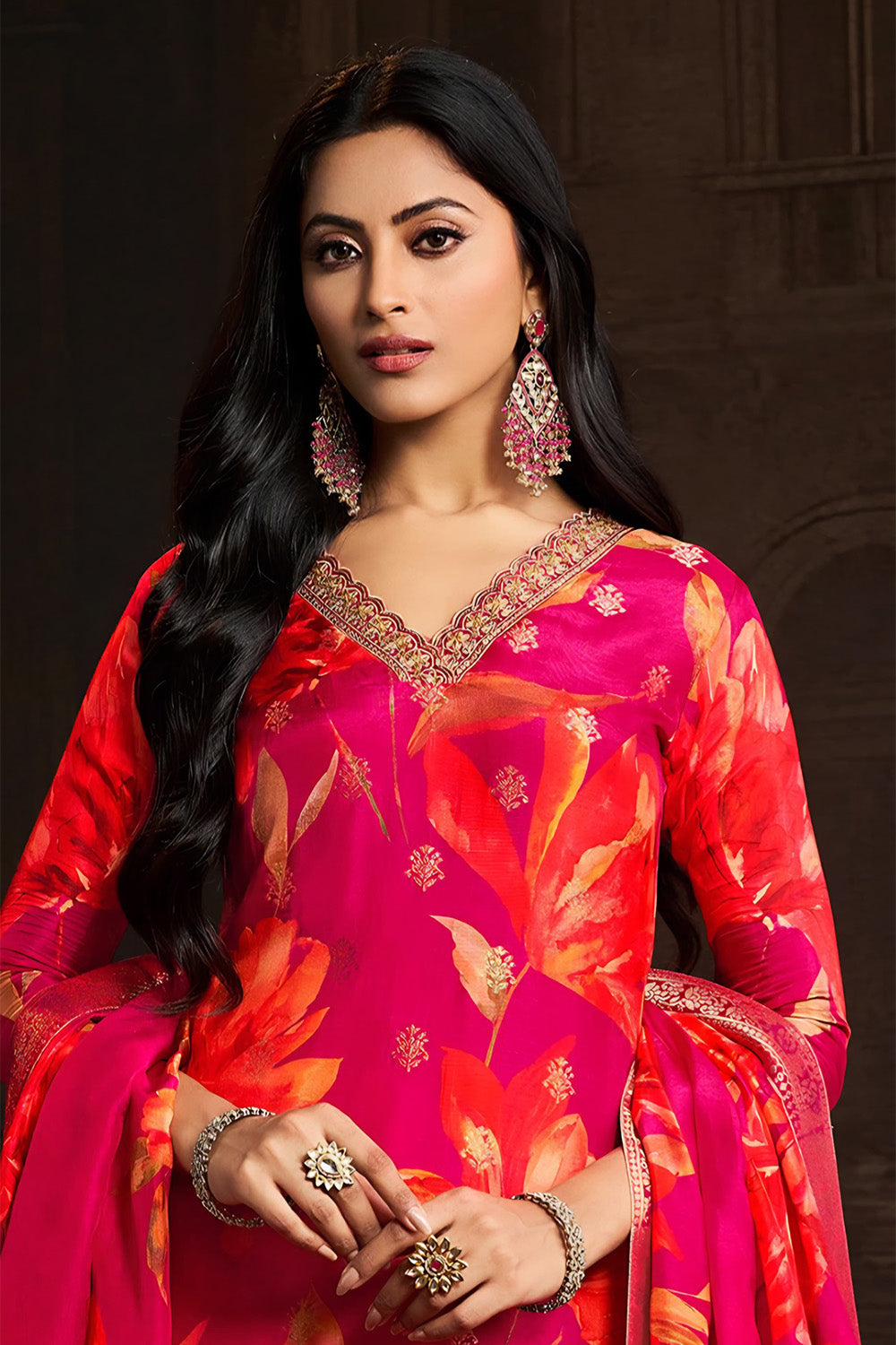 Rani Color Silk Floral Printed & Zari Woven Suit Set