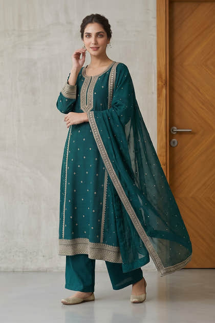 Teal Blue Crepe Silk Zari and Sequins Embroidered Anarkali Suit