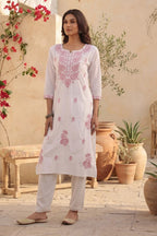 White & Pink Resham Embroidered Kurta
