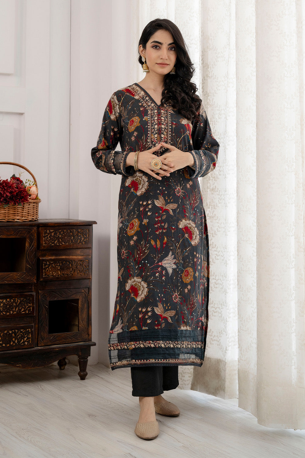 Grey Color Crepe Floral Printed Straight Suit