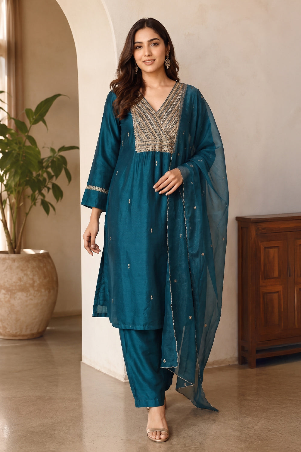 Teal Neck-Embroidered Silk Straight Suit