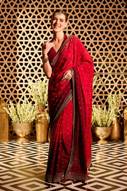 Red Crepe Floral Woven And Embroidered Saree